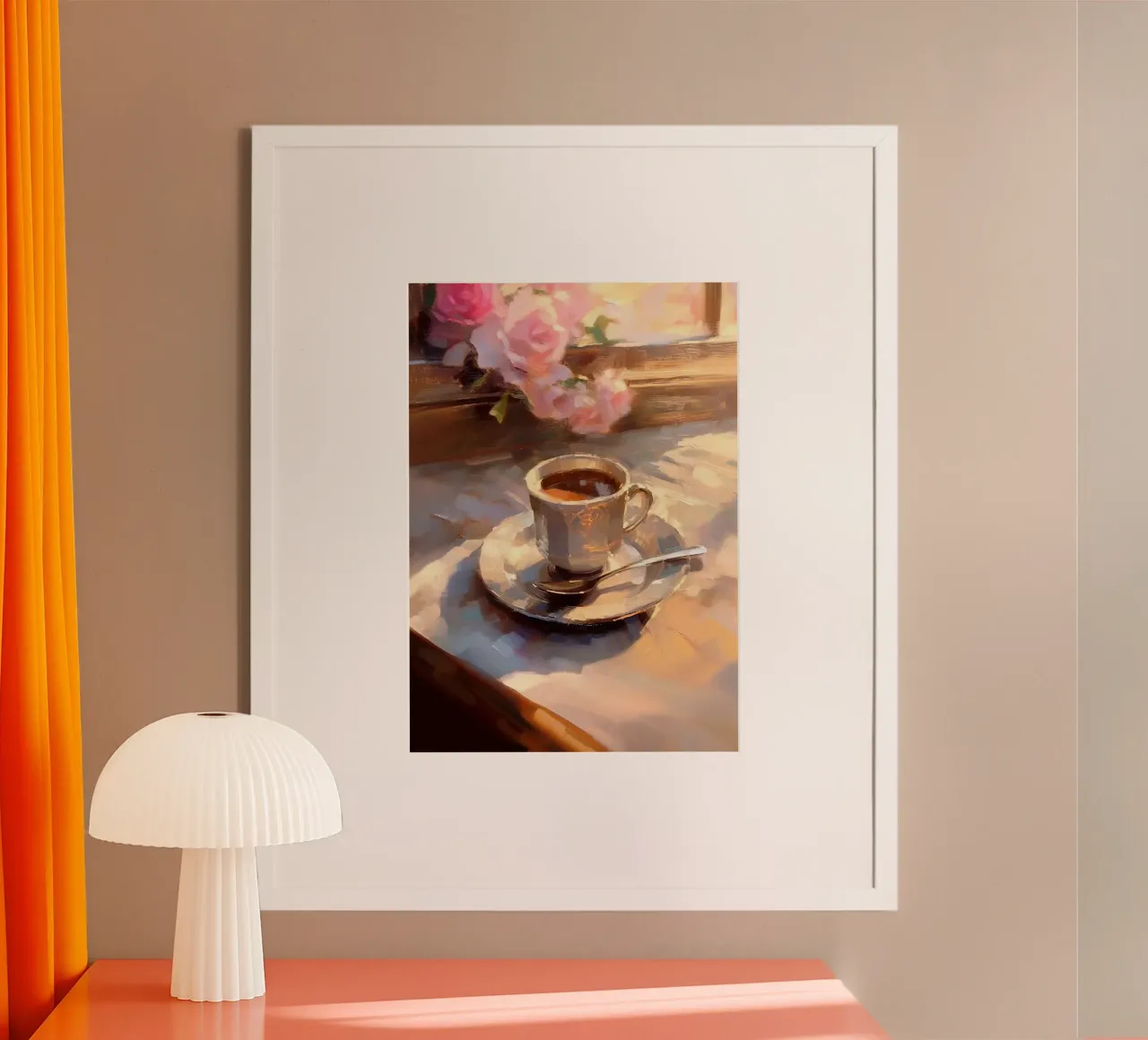 Caffè cucchiaio d'argento rose rosa natura morta colori pastello poster con telaio in legno da Euphoria Theresa
