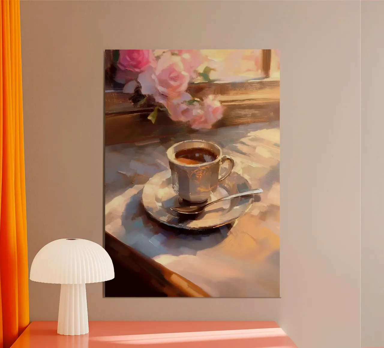 Caffè cucchiaio d'argento rose rosa natura morta colori pastello poster con telaio in legno da Euphoria Theresa