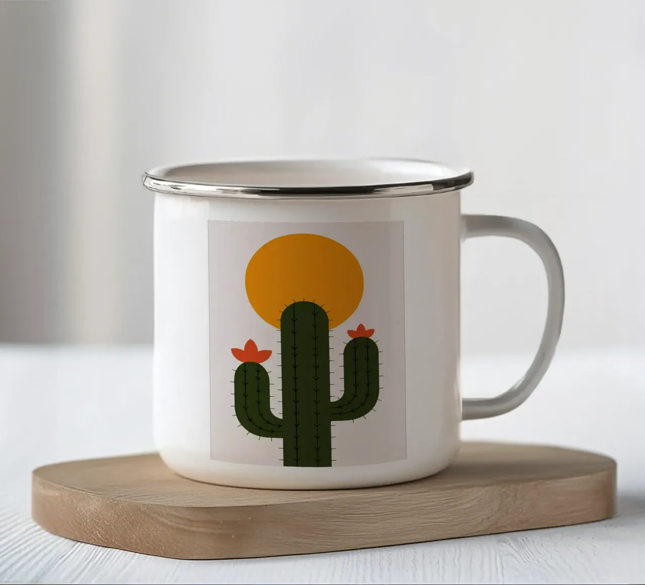 Cactus minimalista con sole tazza in smalto da Damion Francis