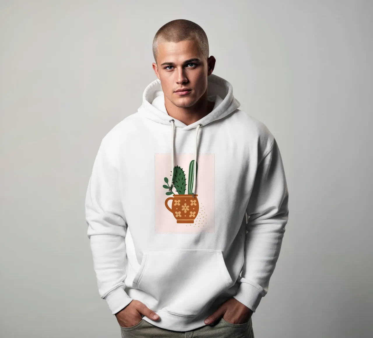 Illustrazione di un cactus in una tazza felpa con cappuccio da Damion Francis