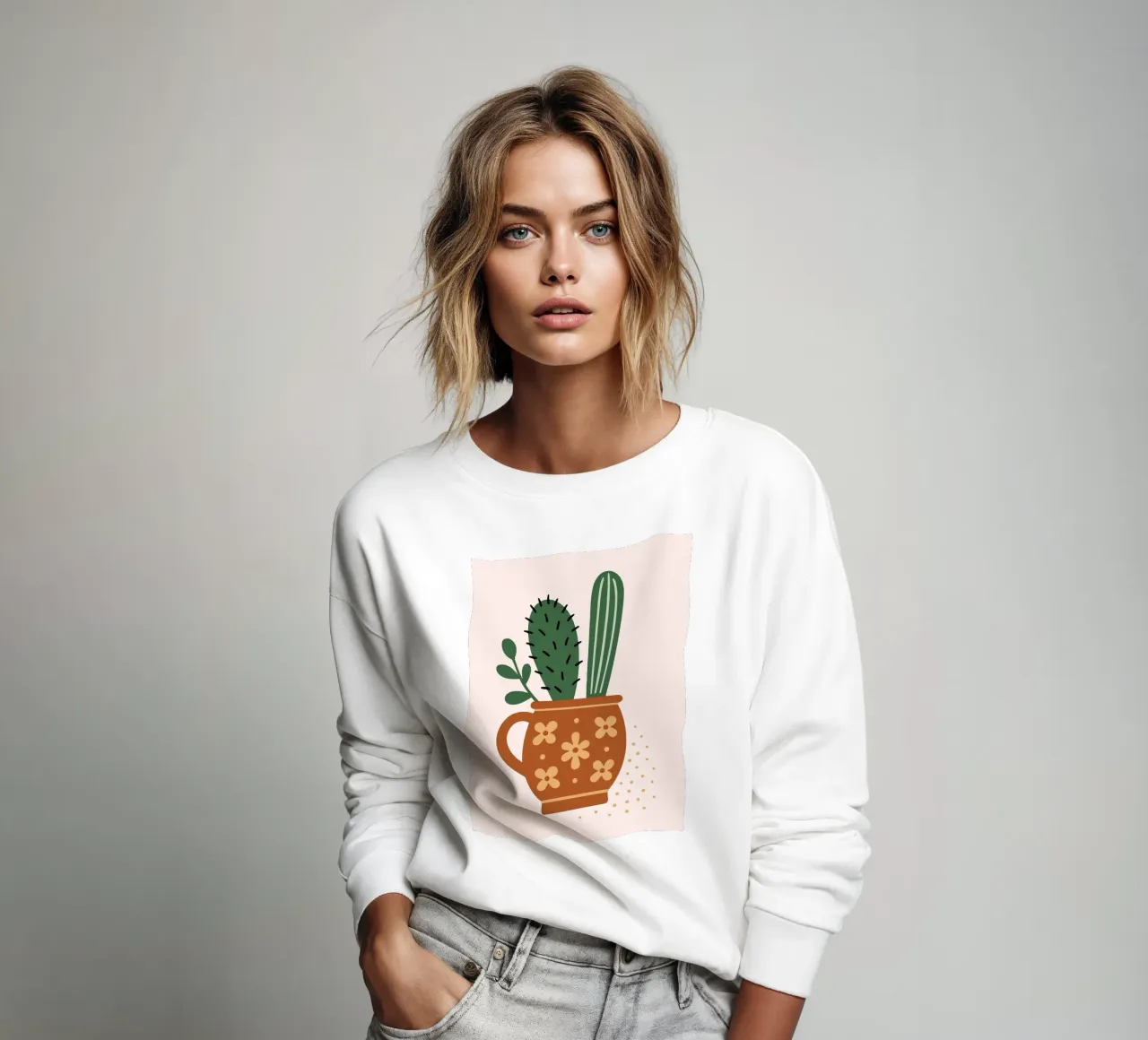 Ilustración de un cactus en una taza sudadera de Damion Francis