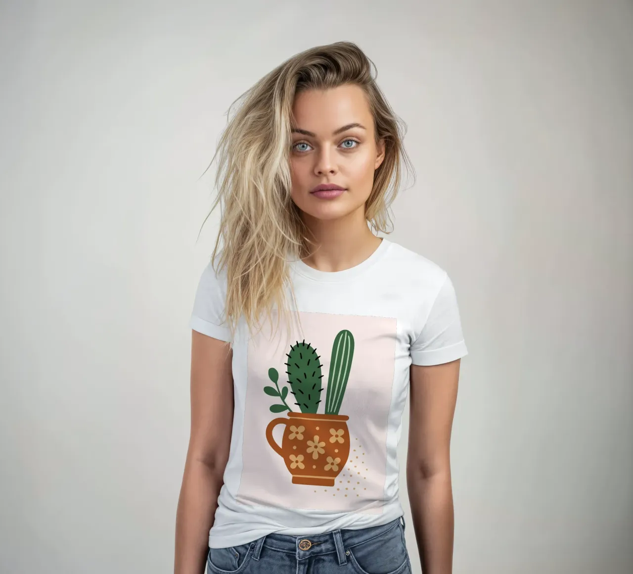 Illustrazione di un cactus in una tazza t-shirt da donna da Damion Francis