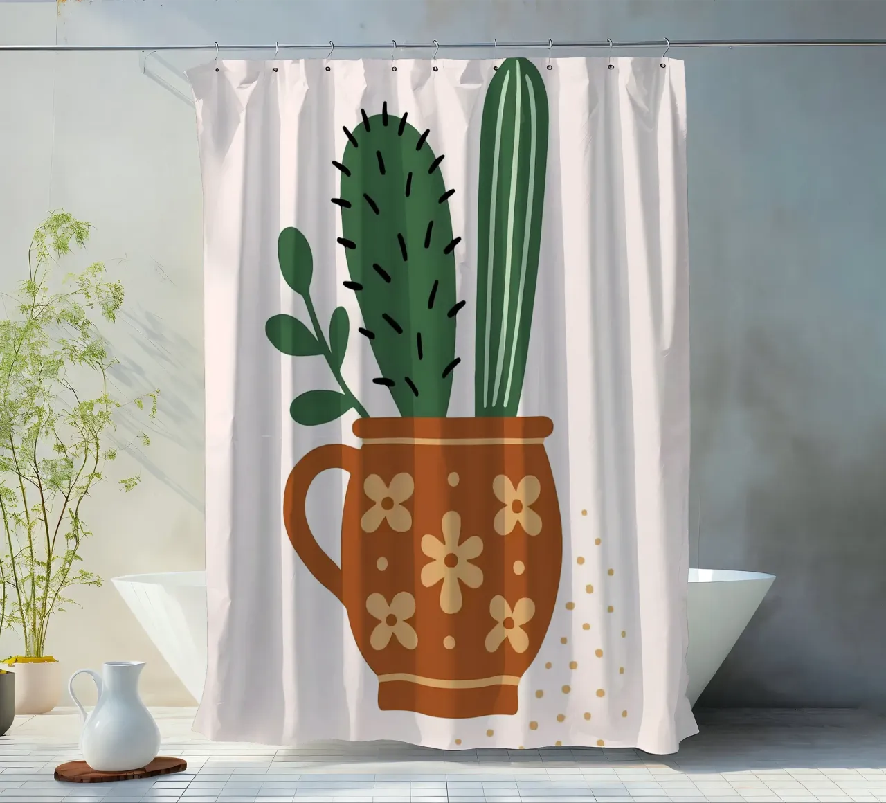 Illustrazione di un cactus in una tazza tenda da doccia da Damion Francis