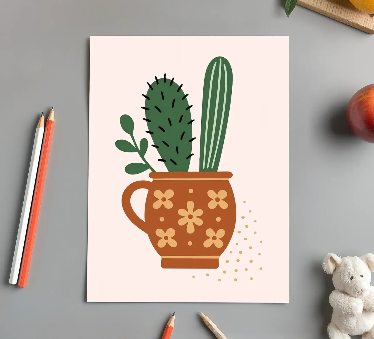 Illustrazione di un cactus in una tazza foglio adesivo da Damion Francis