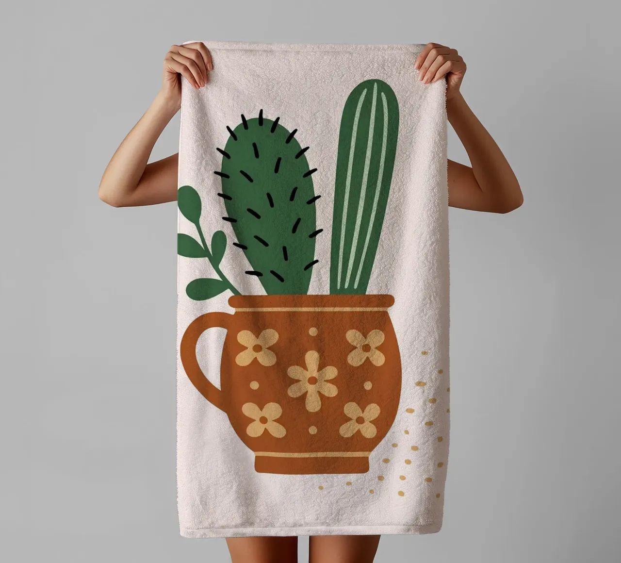 Illustration d'un cactus dans une tasse serviette de bain de Damion Francis