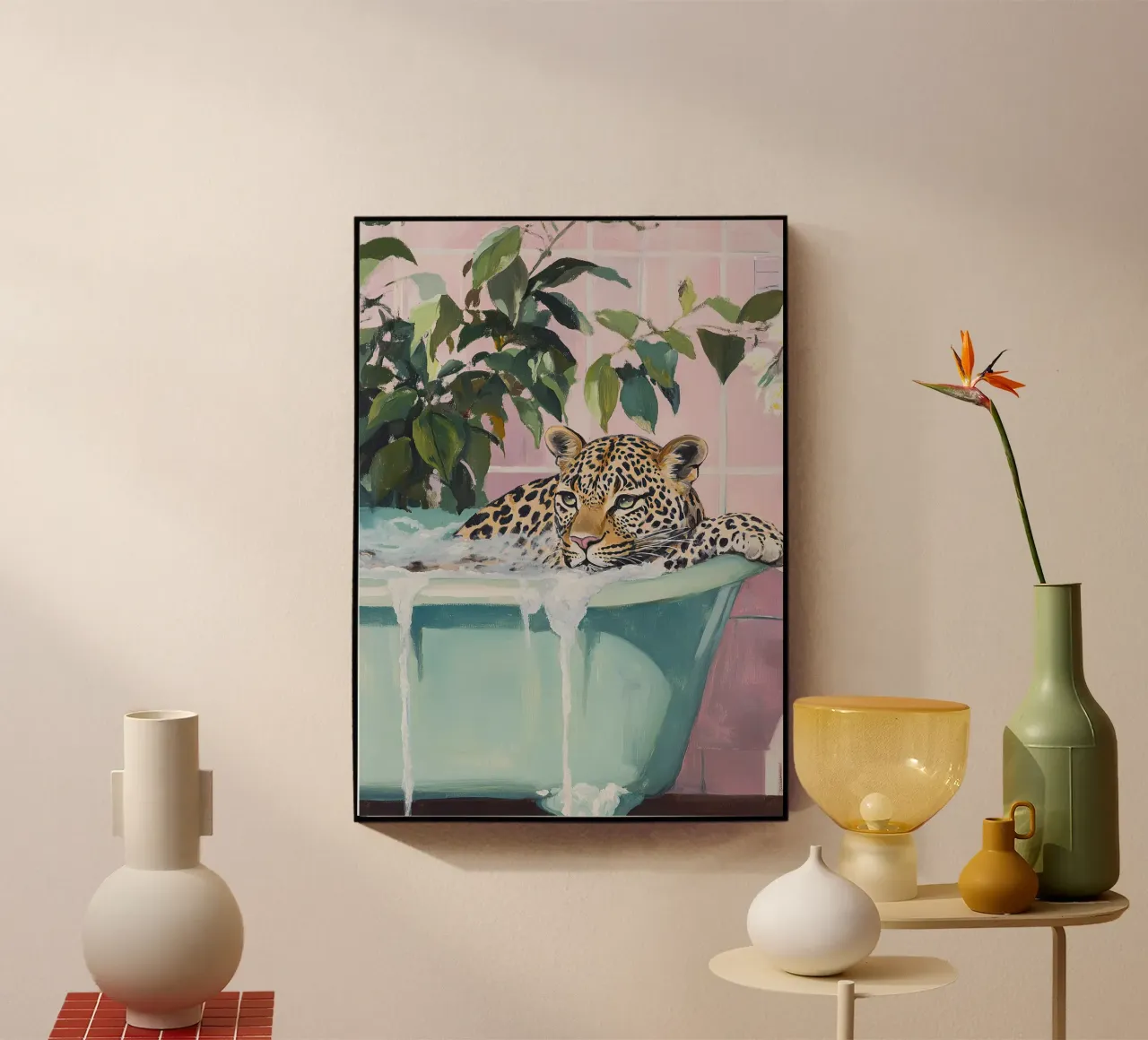 Leopard Bathtub Pink Pastel Bathroom Plants Soap acrylic glass by Euphoria Theresa