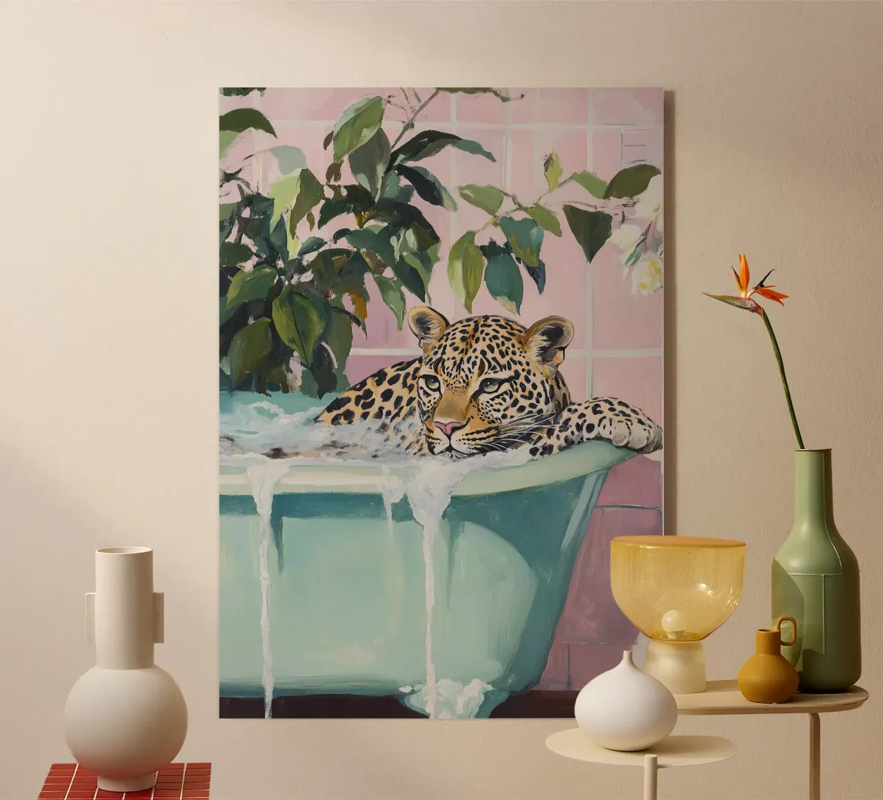 Leopard Bathtub Pink Pastel Bathroom Plants Soap acrylic glass by Euphoria Theresa