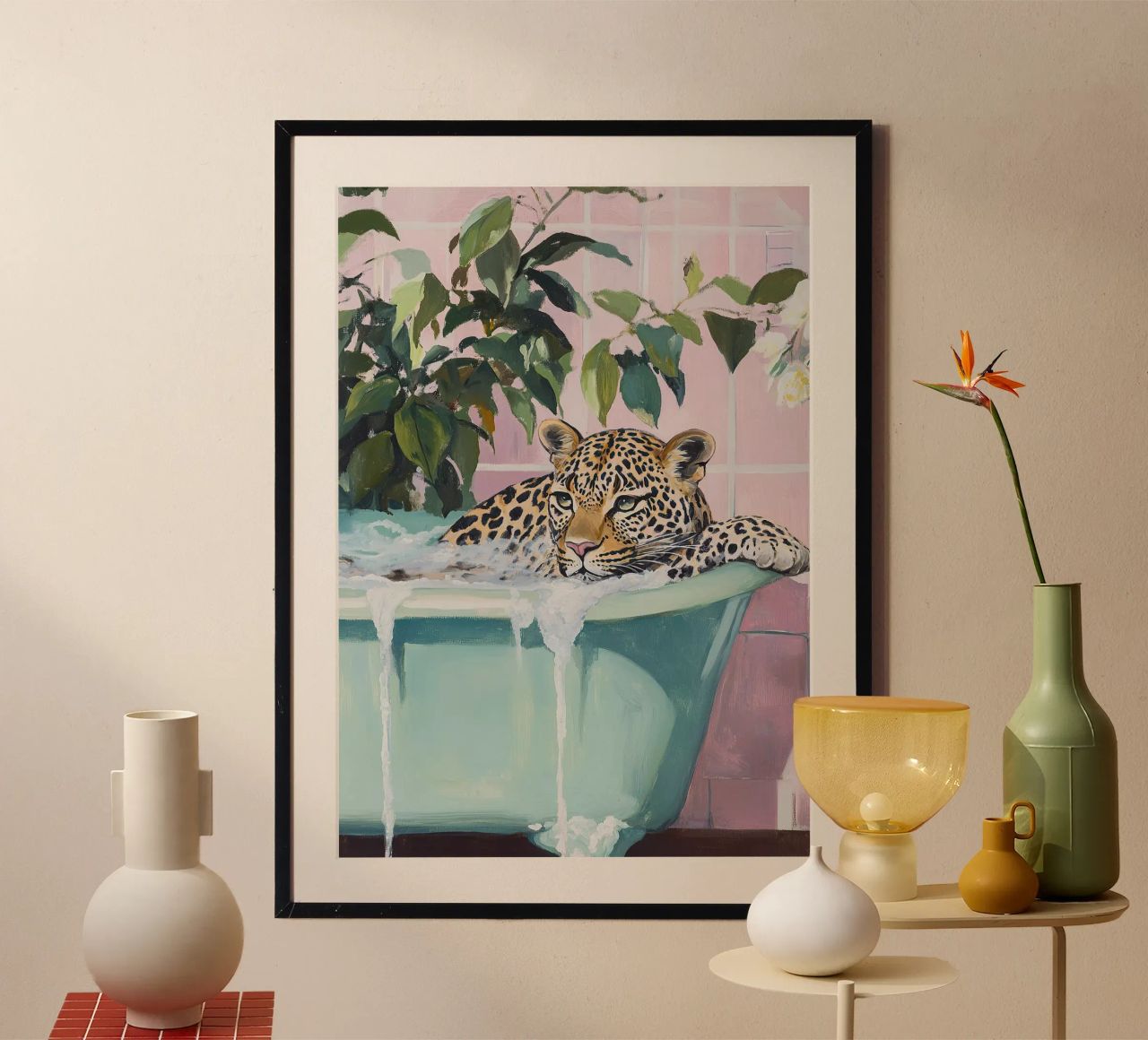 Leopard Badewanne Rosa Pastell Badezimmer Pflanzen Seife Poster von Euphoria Theresa