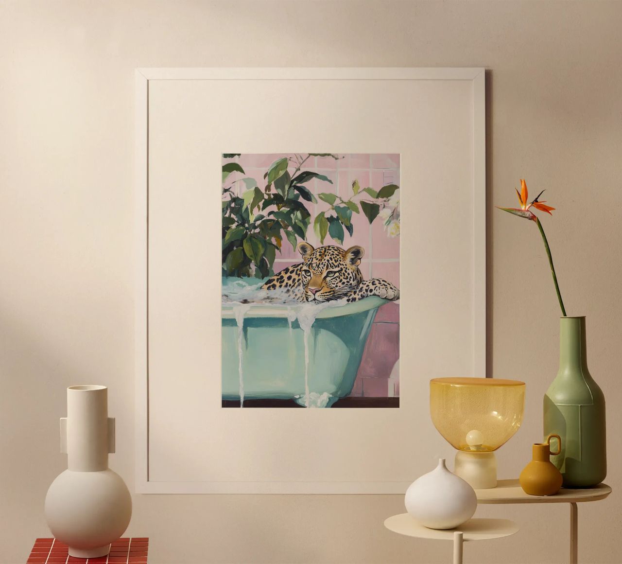 Leopard Badewanne Rosa Pastell Badezimmer Pflanzen Seife Poster von Euphoria Theresa