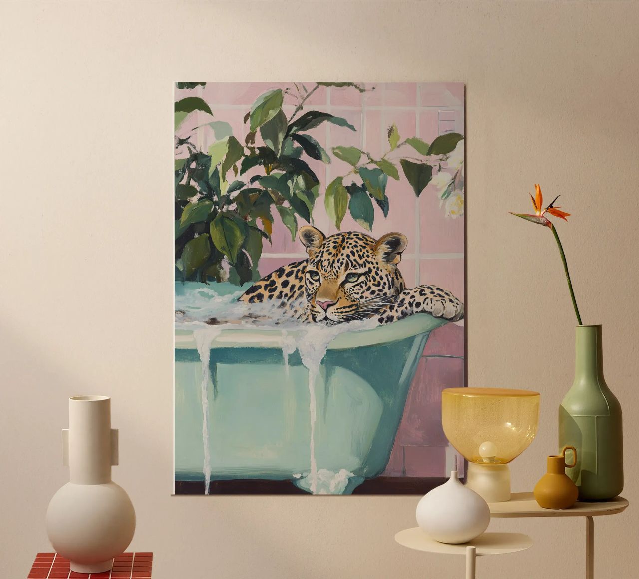 Leopard Badewanne Rosa Pastell Badezimmer Pflanzen Seife Poster von Euphoria Theresa