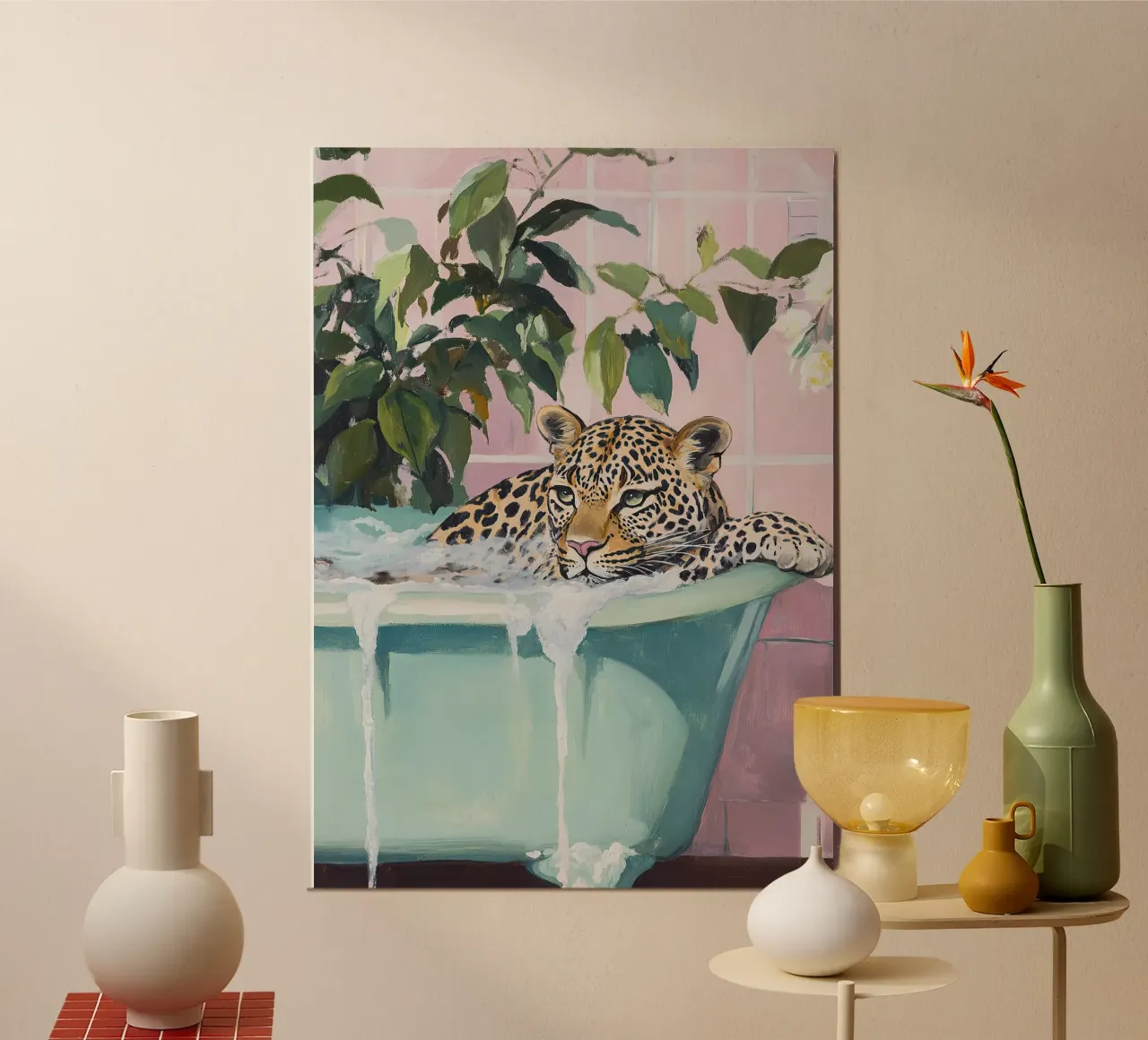 Vasca da bagno leopardata Rosa Pastello Piante da bagno Sapone poster con telaio in alluminio da Euphoria Theresa
