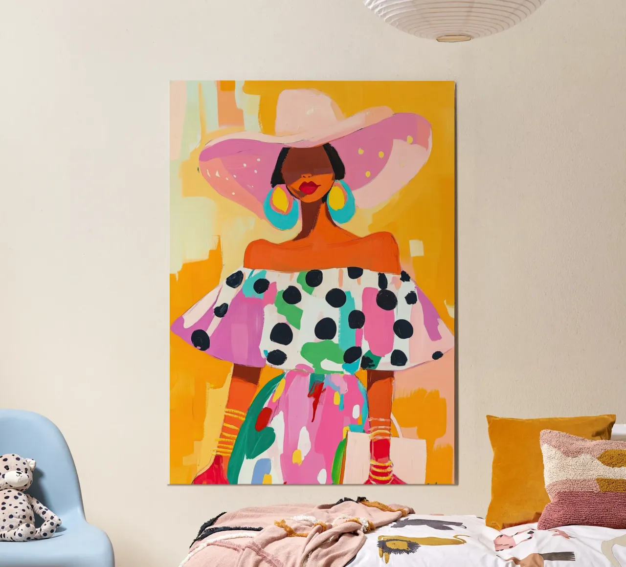 Ritratto pop art rosa e giallo: Cappello oversize e pois alluminio dibond da dawnthesea