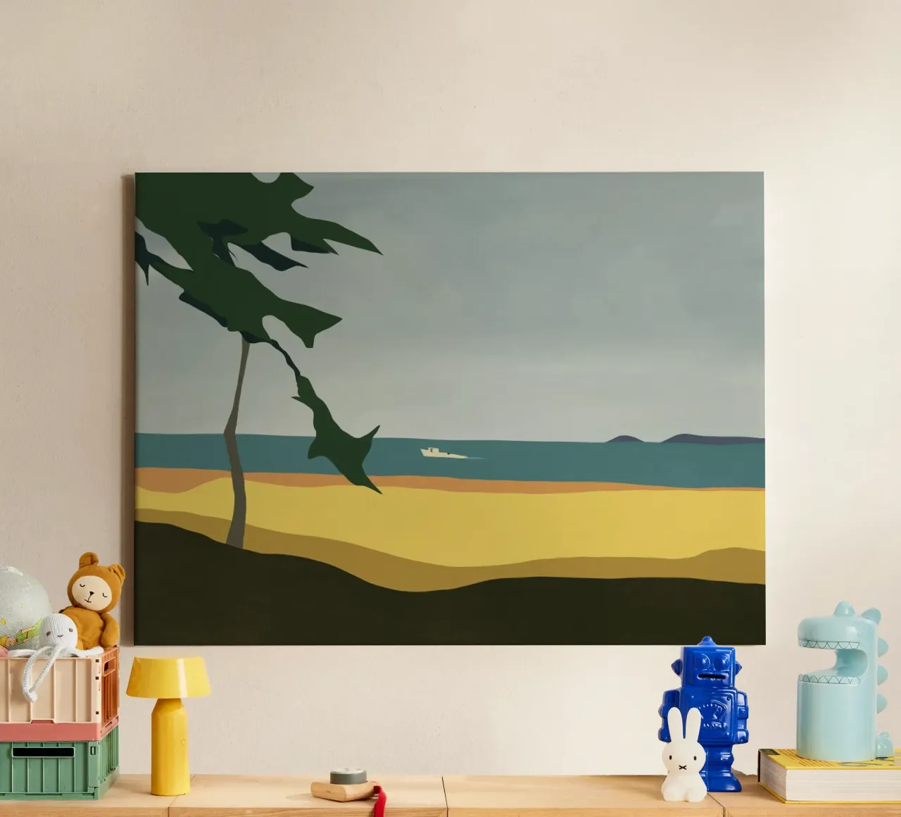 Strandscène met boot in de verte canvas van Life of Pie