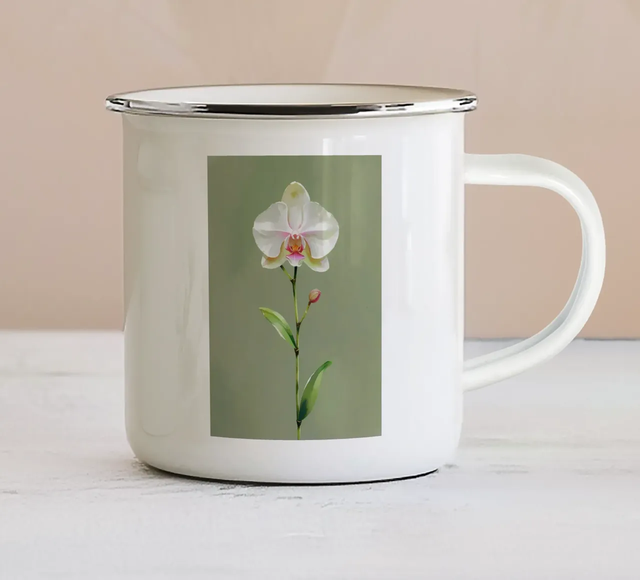 Elegante orchidea bianca - Pittura botanica ad acquerello tazza in smalto da Bloom And Brush