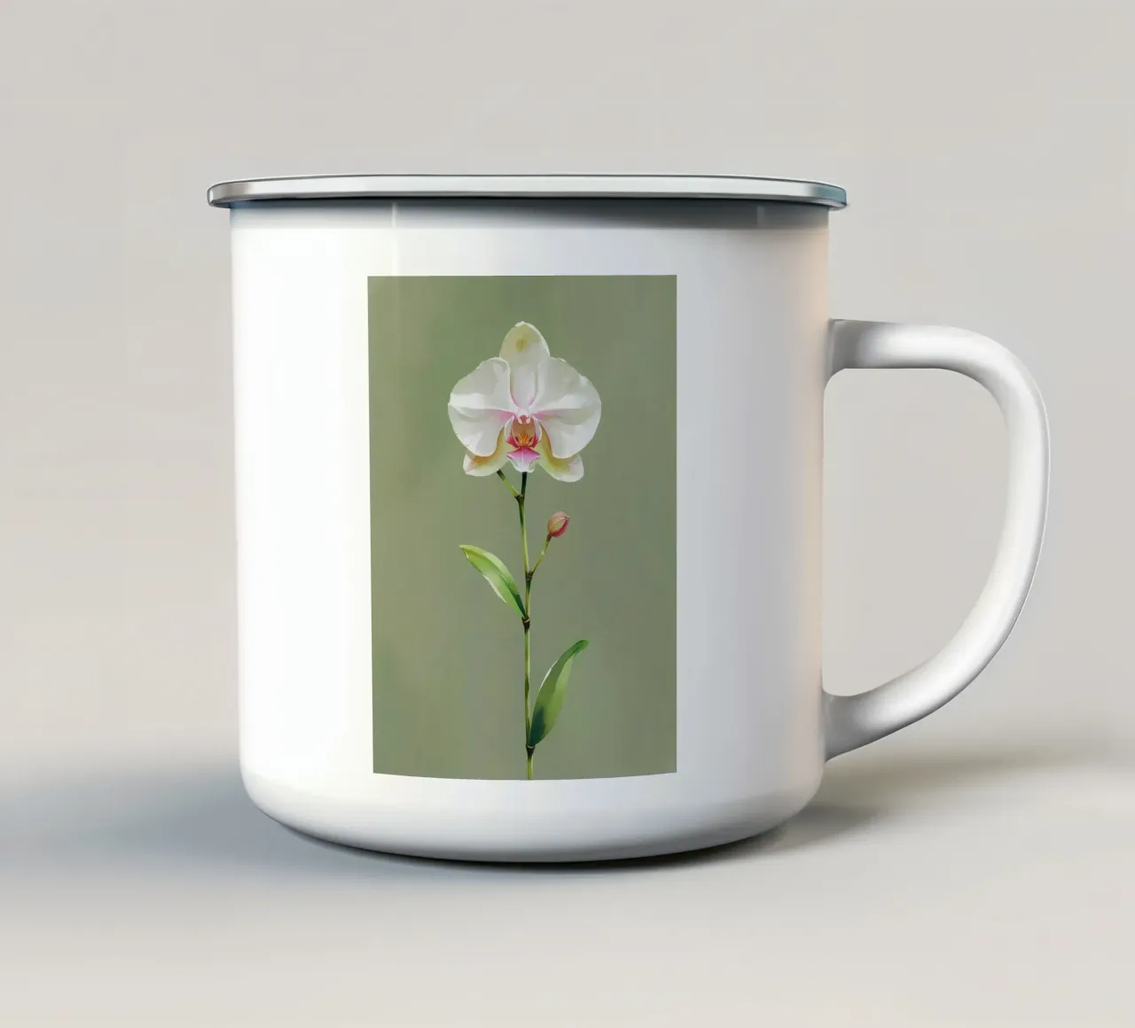 Elegante orchidea bianca - Pittura botanica ad acquerello tazza in smalto da Bloom And Brush
