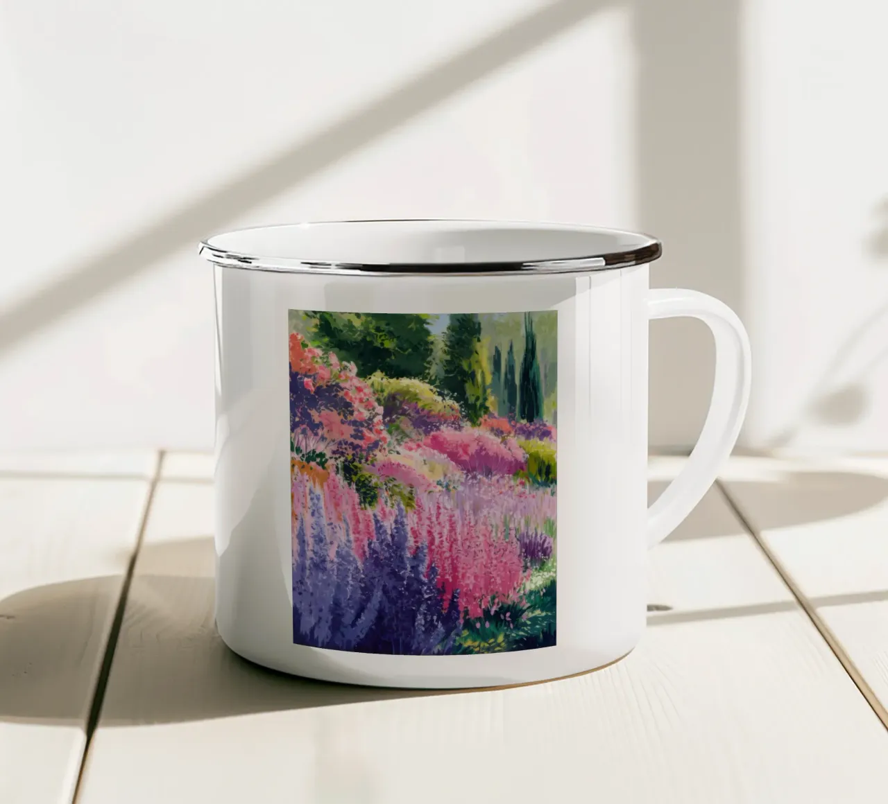Sogno di un prato di lupini tazza in smalto da Angkasa Mist