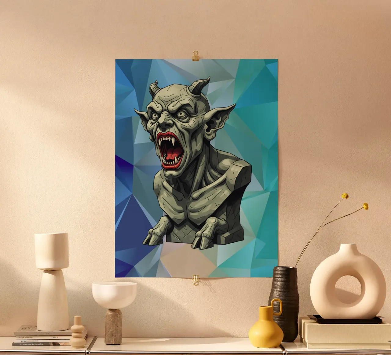 Statua della testa del diavolo Lowpoly carta hahnemühle da Low Profile