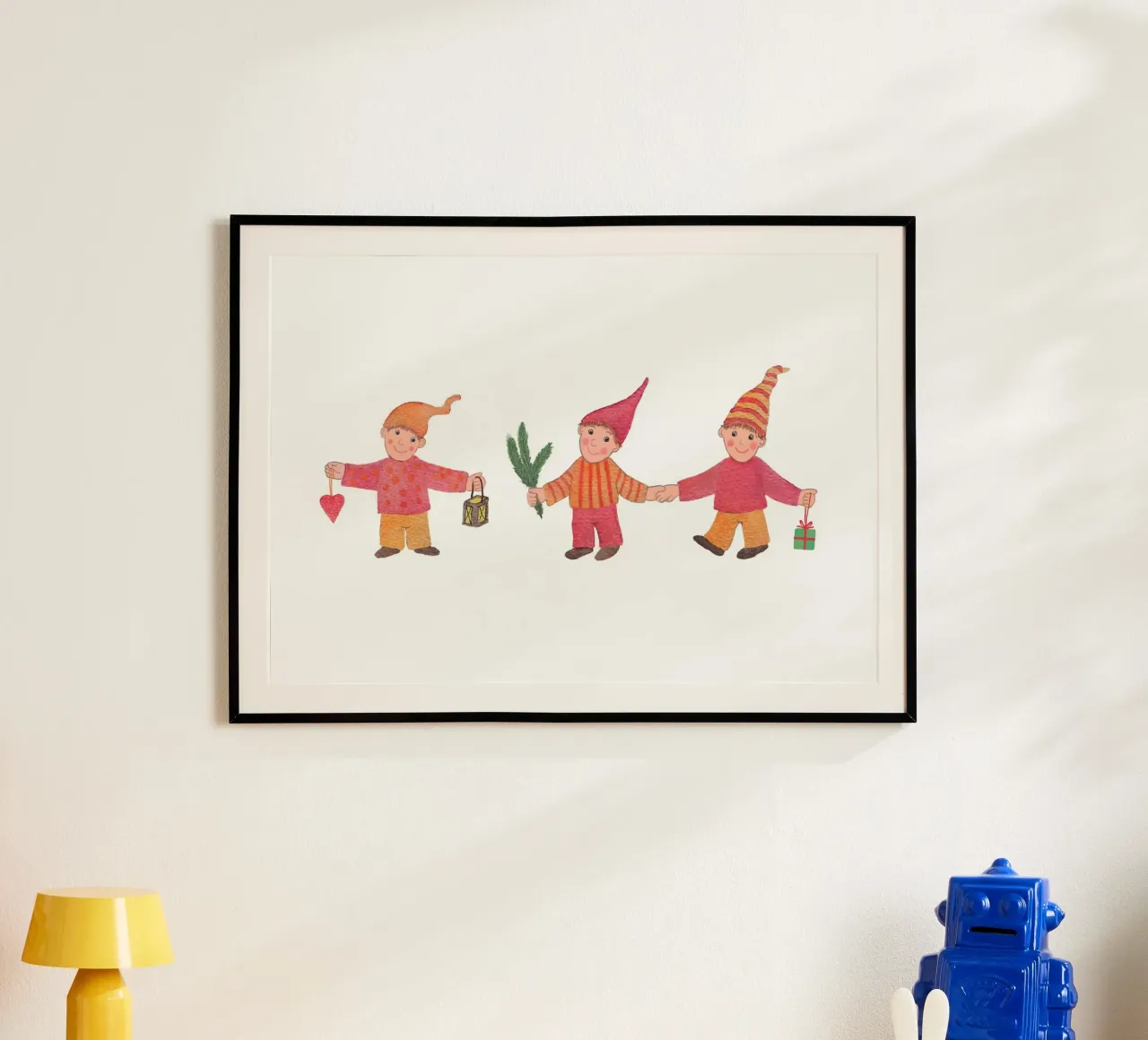 Piccoli gnomi di Natale poster con telaio in legno da Farbwelten