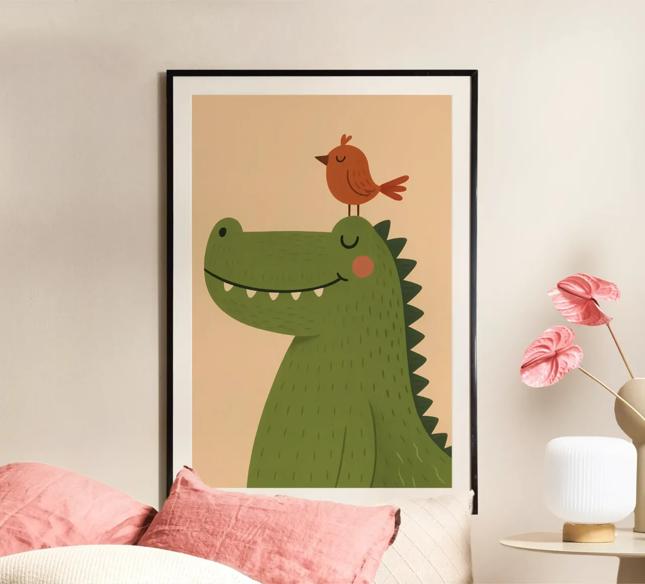 Niedliches Krokodil mit Vogel - Kindertiere Poster von Tiny Tails & Stripes