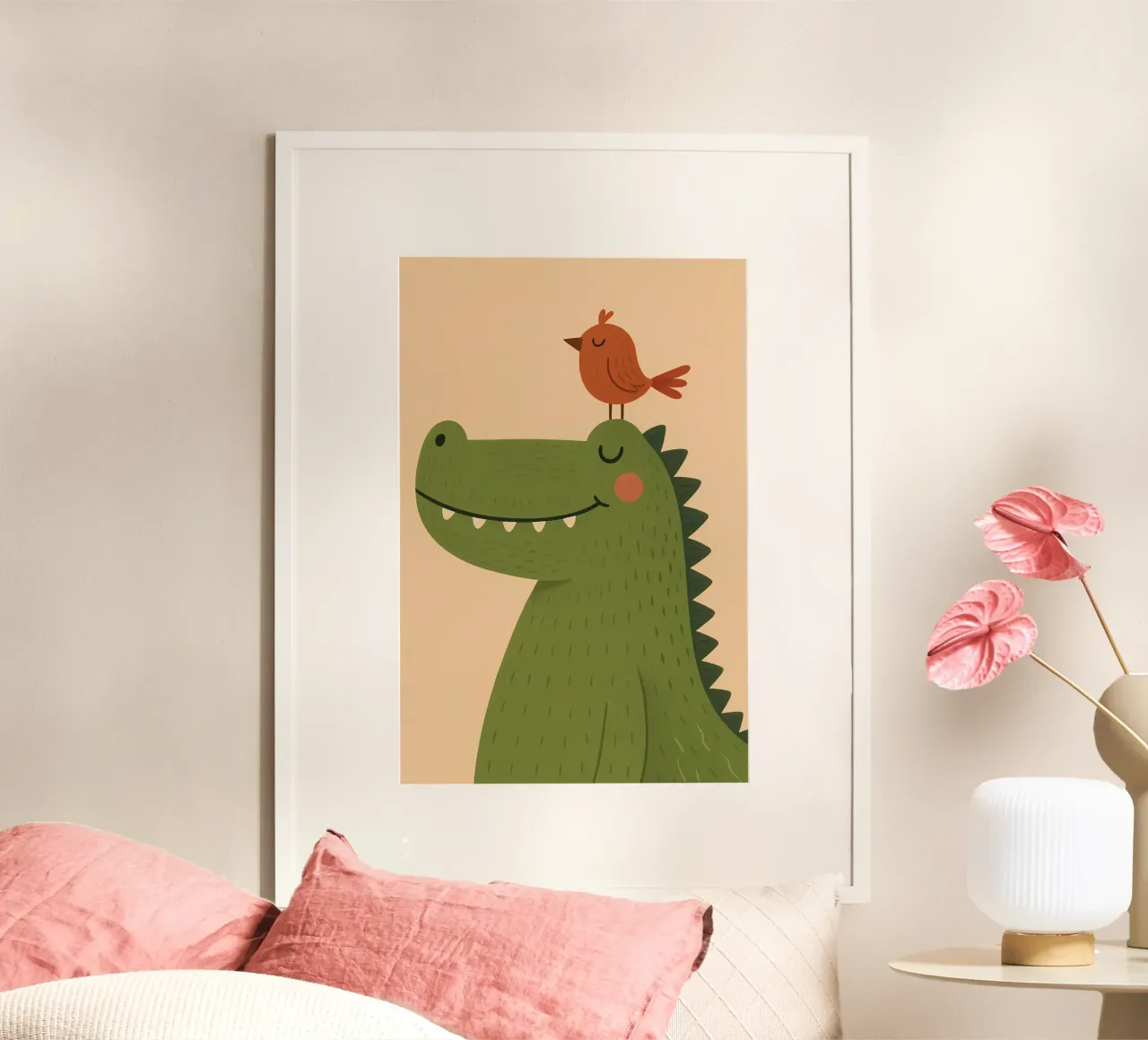 Niedliches Krokodil mit Vogel - Kindertiere Poster von Tiny Tails & Stripes
