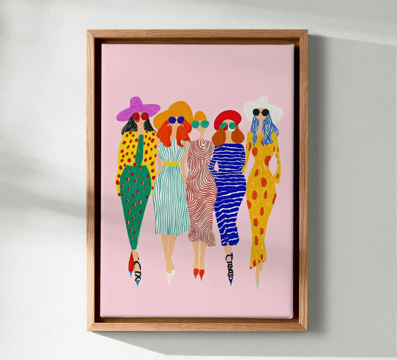 Retro Pop Diva Crew: Abstracte Polka Dot Streep Kunst canvas van dawnthesea