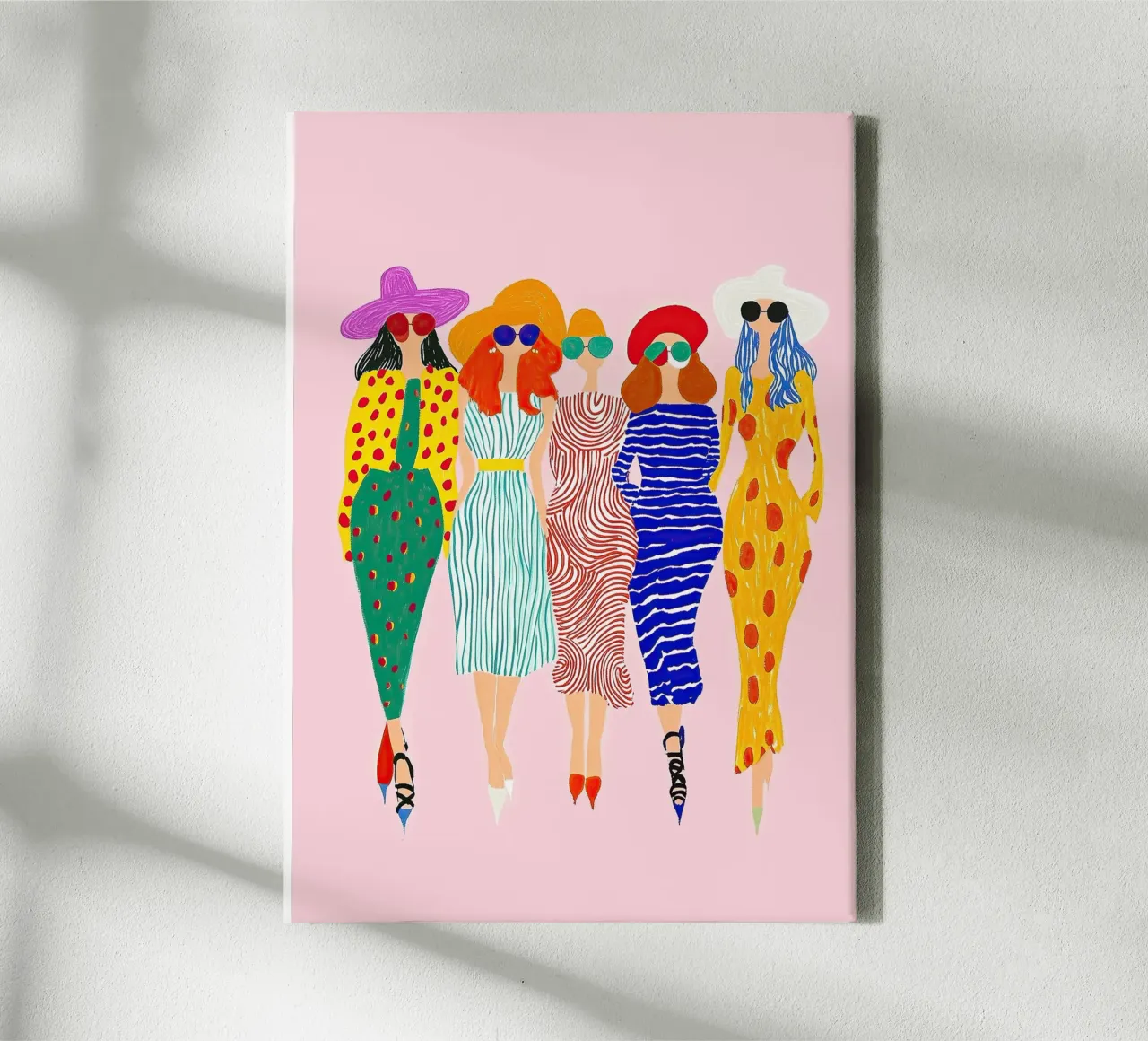Retro Pop Diva Crew: Abstracte Polka Dot Streep Kunst canvas van dawnthesea