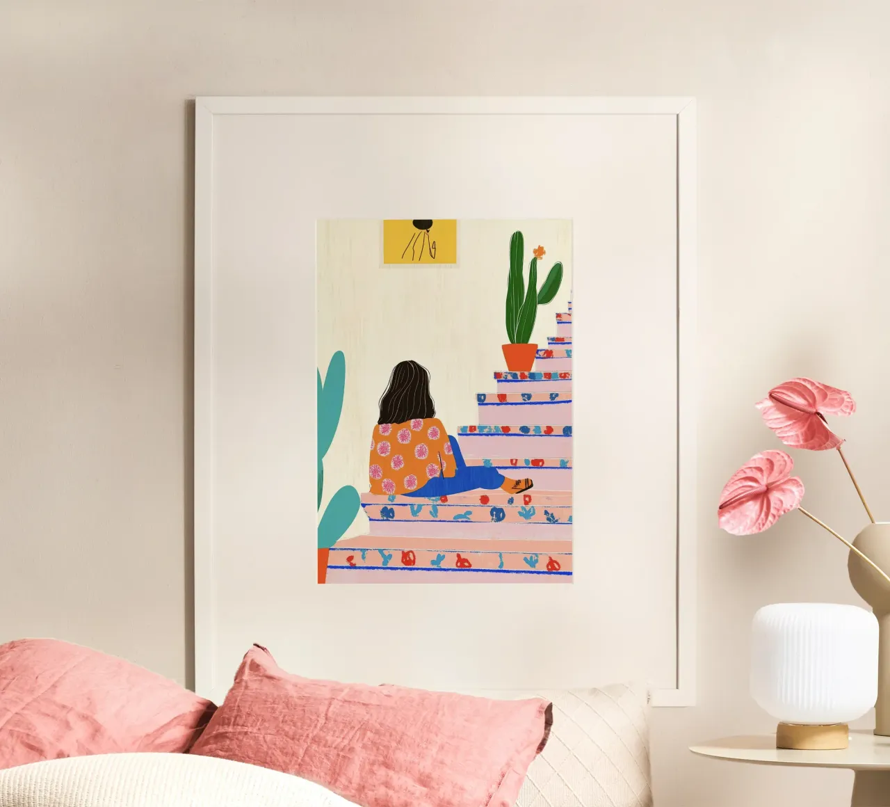 Boho Cactus Ascent: Maximalist Staircase Art Print hahnemühle by dawnthesea