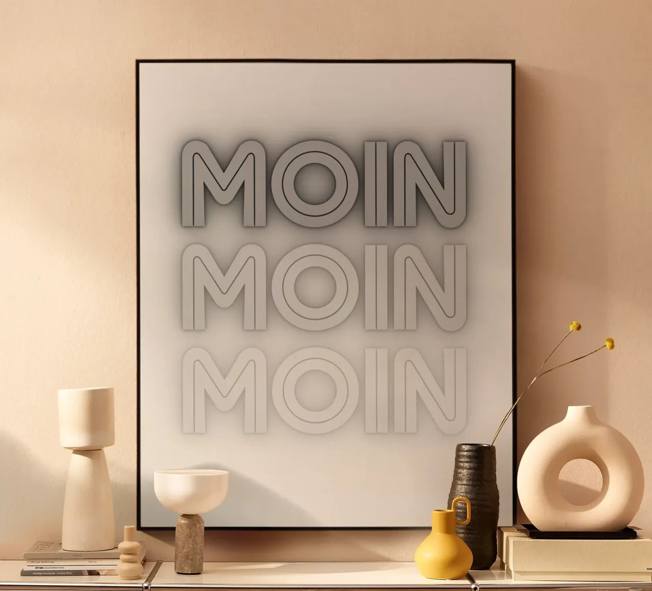 MOIN MOIN MOIN - Saluto della Germania del Nord in un design moderno pannello forex con Cornice Artbox da Fies&Fein