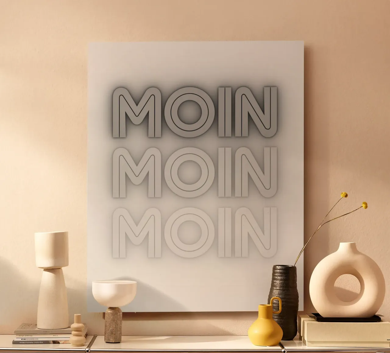 MOIN MOIN MOIN - Saluto della Germania del Nord in un design moderno pannello forex con Cornice Artbox da Fies&Fein