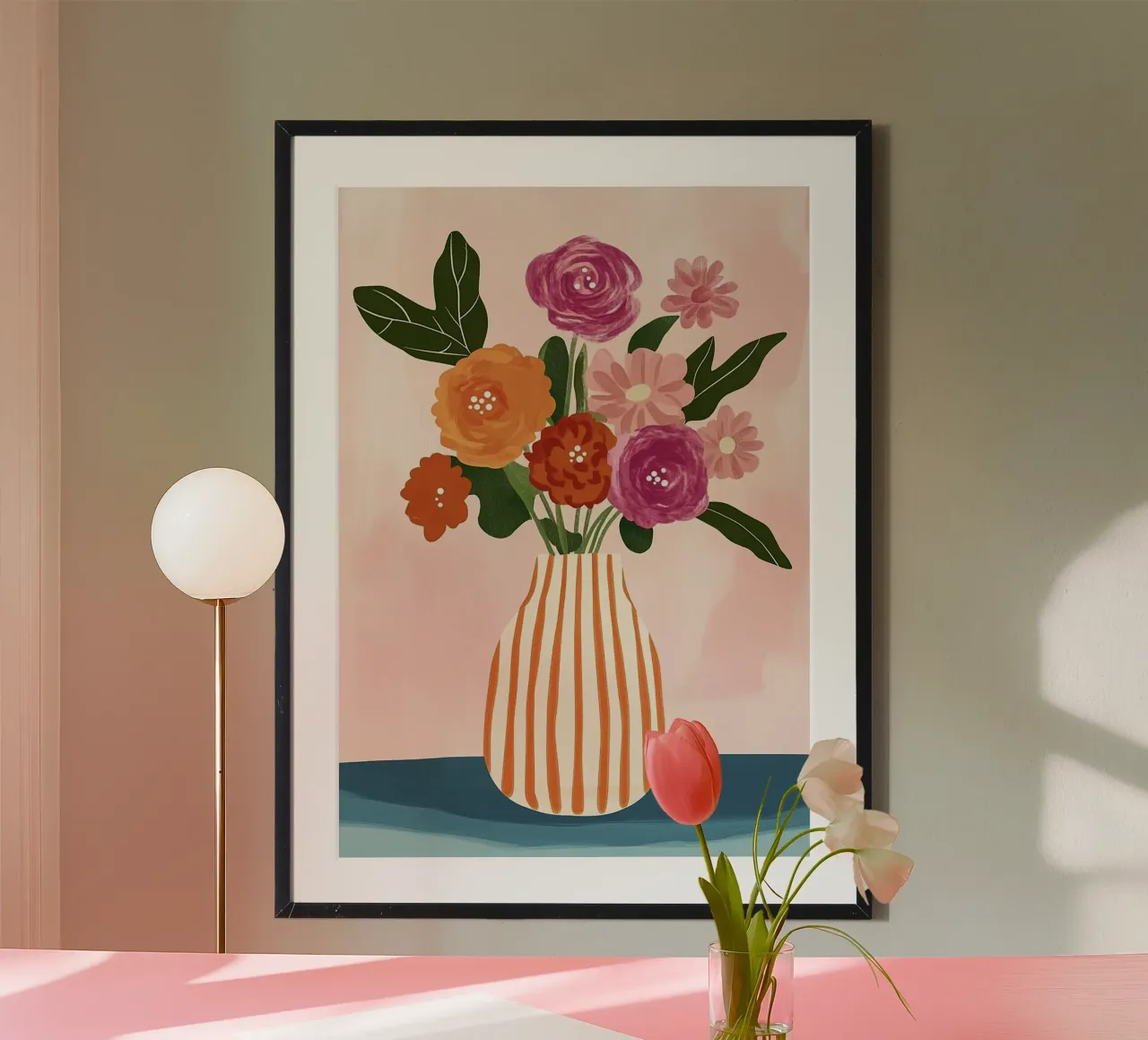 Fiori rosa e arancioni: vaso a strisce di metà secolo carta hahnemühle da dawnthesea