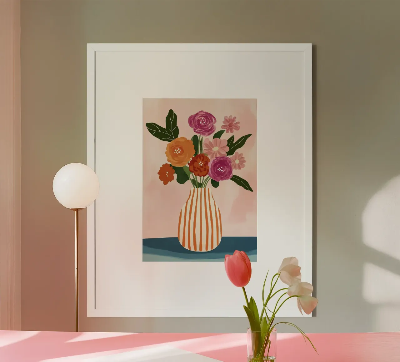 Fiori rosa e arancioni: vaso a strisce di metà secolo carta hahnemühle da dawnthesea