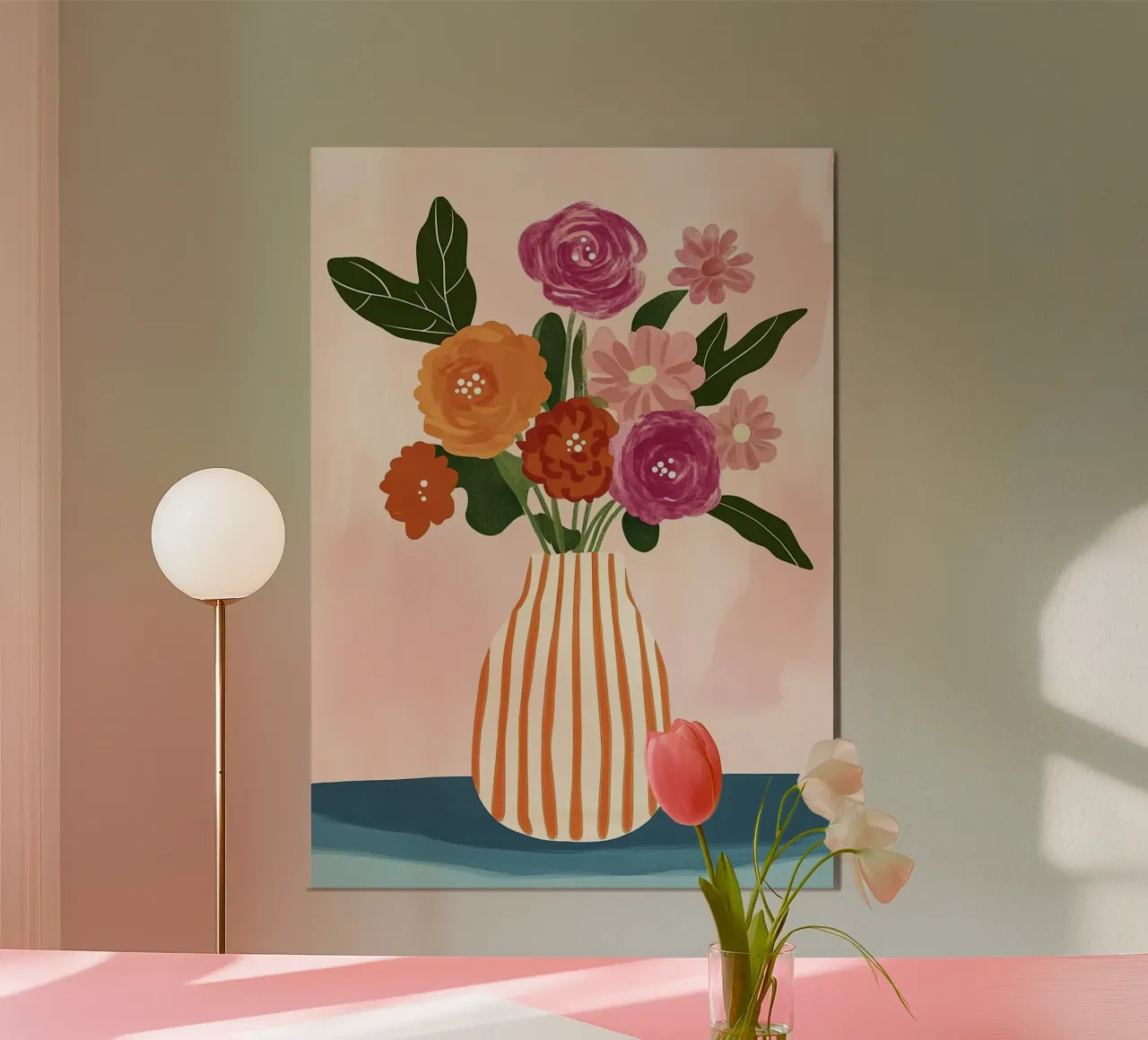 Fiori rosa e arancioni: vaso a strisce di metà secolo carta hahnemühle da dawnthesea