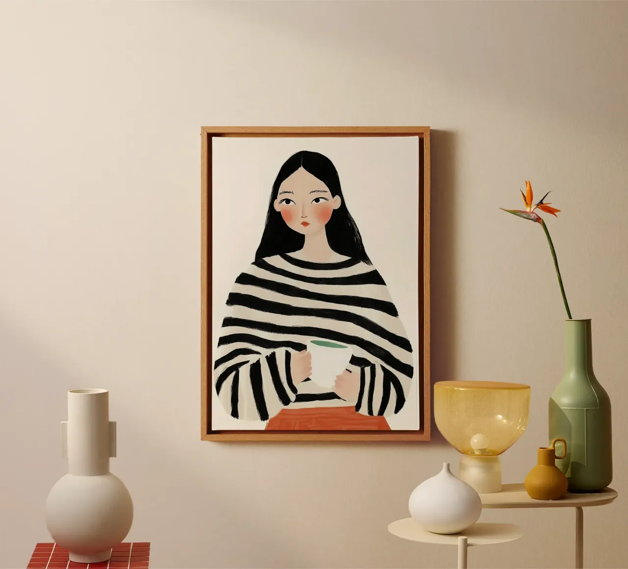 Gezellige Stripe Serenity: Minimalistisch Koffie Portret canvas van dawnthesea