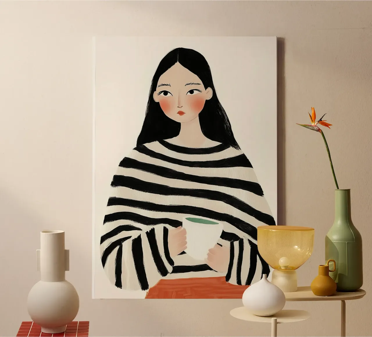 Gezellige Stripe Serenity: Minimalistisch Koffie Portret canvas van dawnthesea