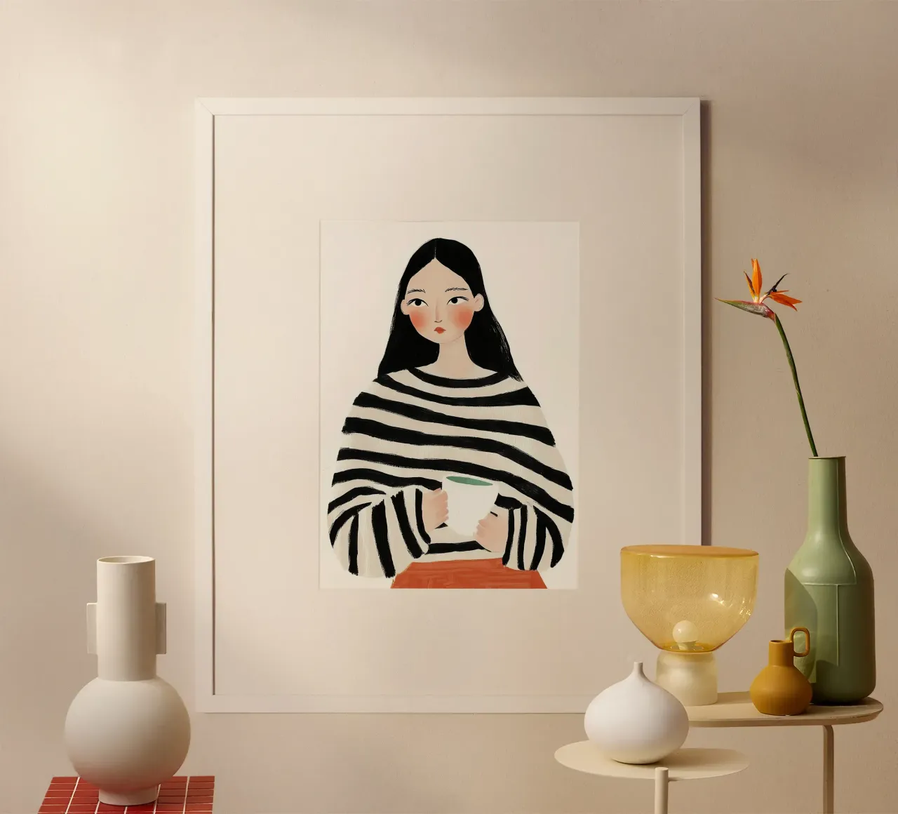 Gezellige Stripe Serenity: Minimalistisch Koffie Portret hahnemühle van dawnthesea