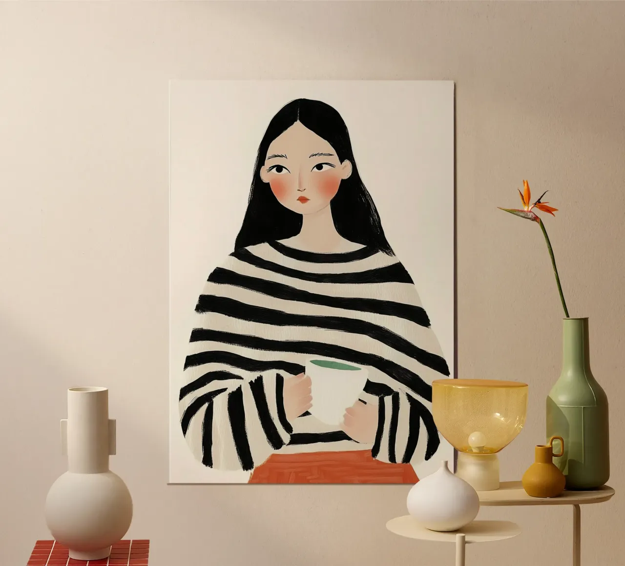 Gezellige Stripe Serenity: Minimalistisch Koffie Portret hahnemühle van dawnthesea