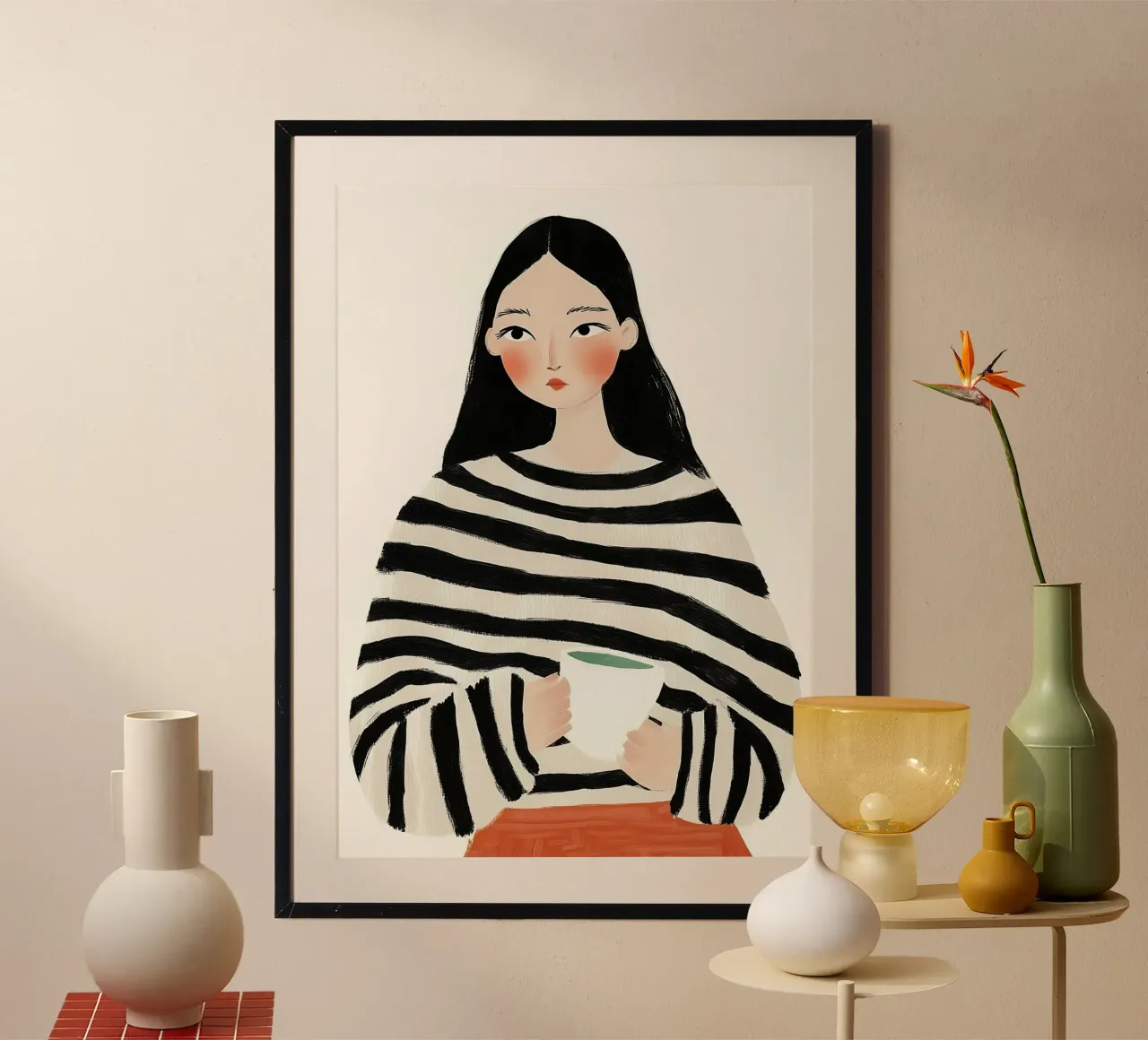 Gezellige Stripe Serenity: Minimalistisch Koffie Portret hahnemühle van dawnthesea