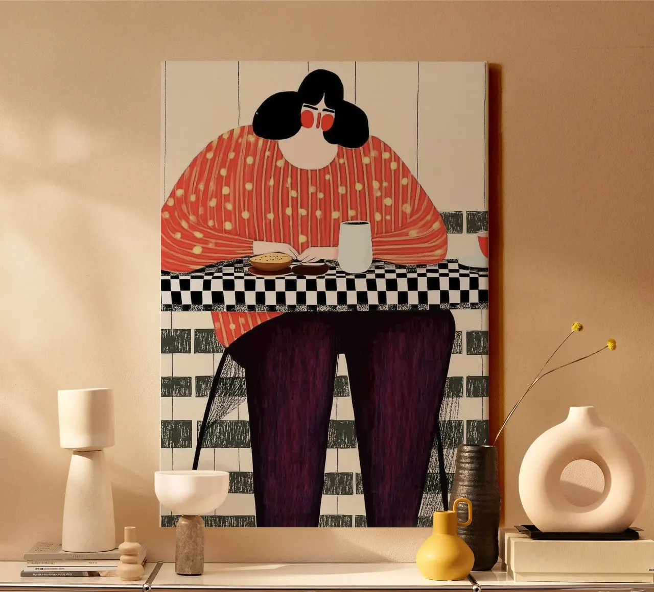 Levendige Retro Mode: Polka Dot & Stripe Maximalistische Kunst canvas van dawnthesea