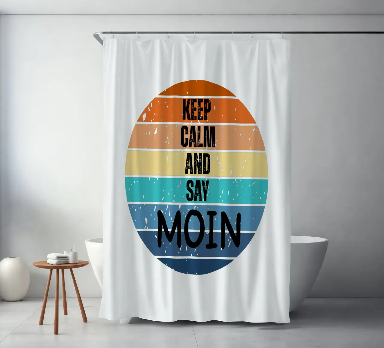 Keep Calm and Say MOIN - Design retrò del tramonto nord-tedesco tenda da doccia da Fies&Fein