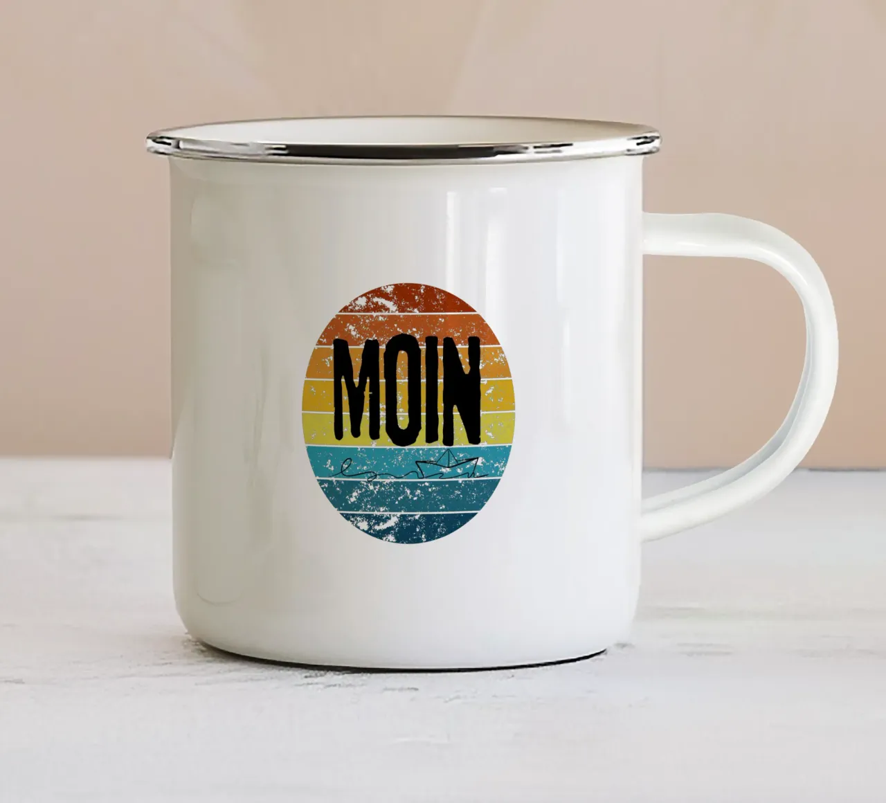 MOIN Zonsondergang - Vintage Retro Noord-Duits ontwerp met schip emaille mok van Fies&Fein