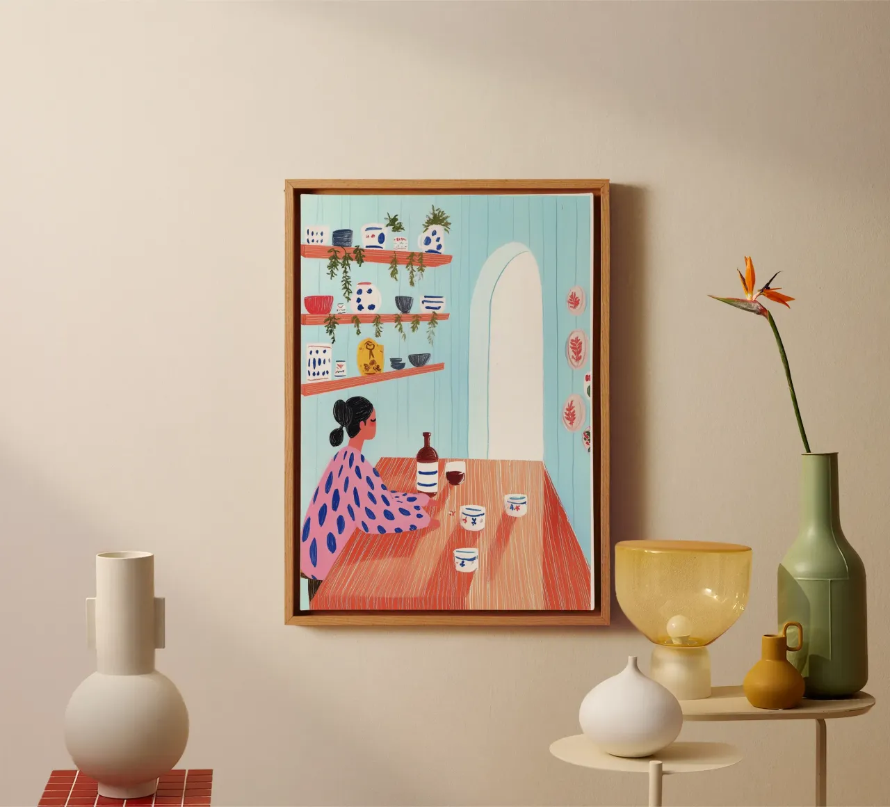 Cafécore eigenzinnigheid: Folk Art Vrouw Eethoek, Helder Boho Keramiek canvas van dawnthesea