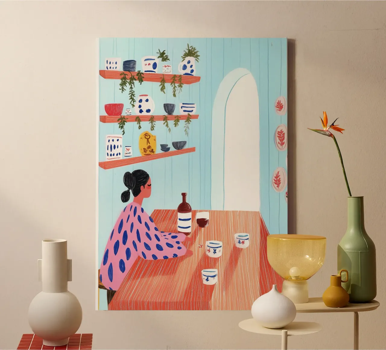 Cafécore eigenzinnigheid: Folk Art Vrouw Eethoek, Helder Boho Keramiek canvas van dawnthesea