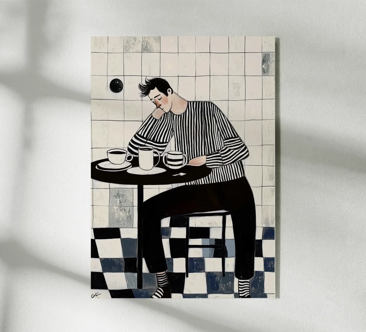 Stato d'animo monocromatico: uomo con camicia a righe, esteta del caffè plexiglass da dawnthesea