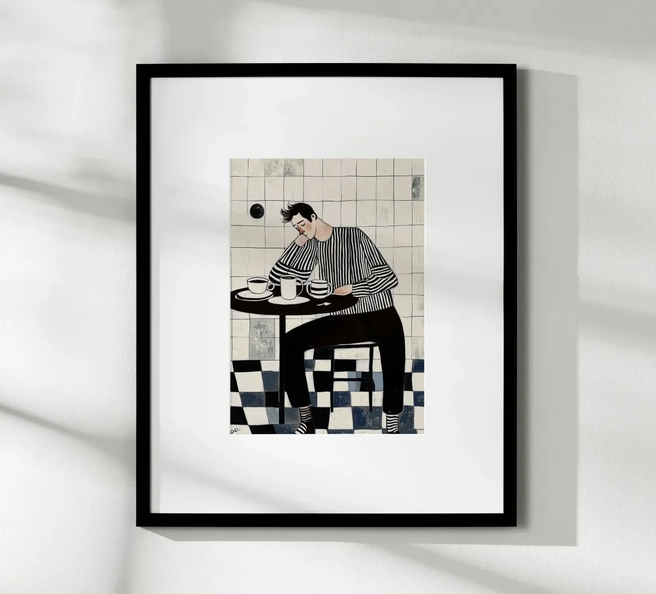Monochrome stemming: man in gestreept overhemd, koffiebar hahnemühle van dawnthesea