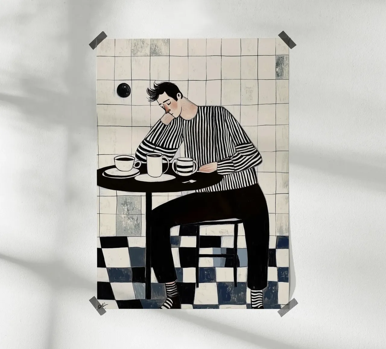 Monochrome stemming: man in gestreept overhemd, koffiebar hahnemühle van dawnthesea