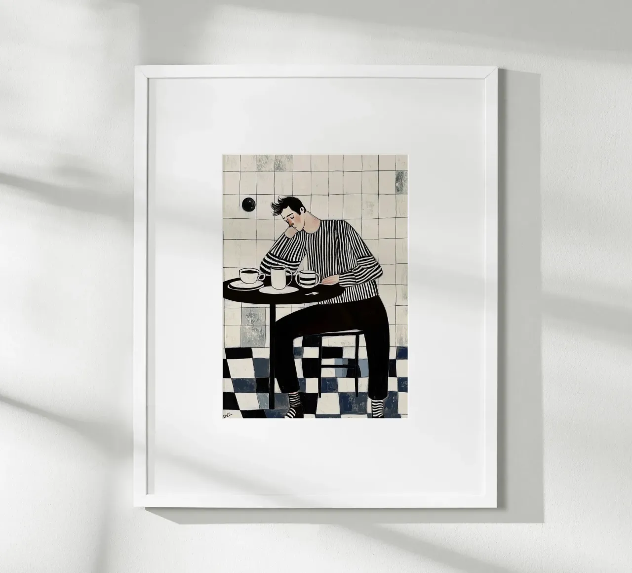 Monochrome stemming: man in gestreept overhemd, koffiebar hahnemühle van dawnthesea
