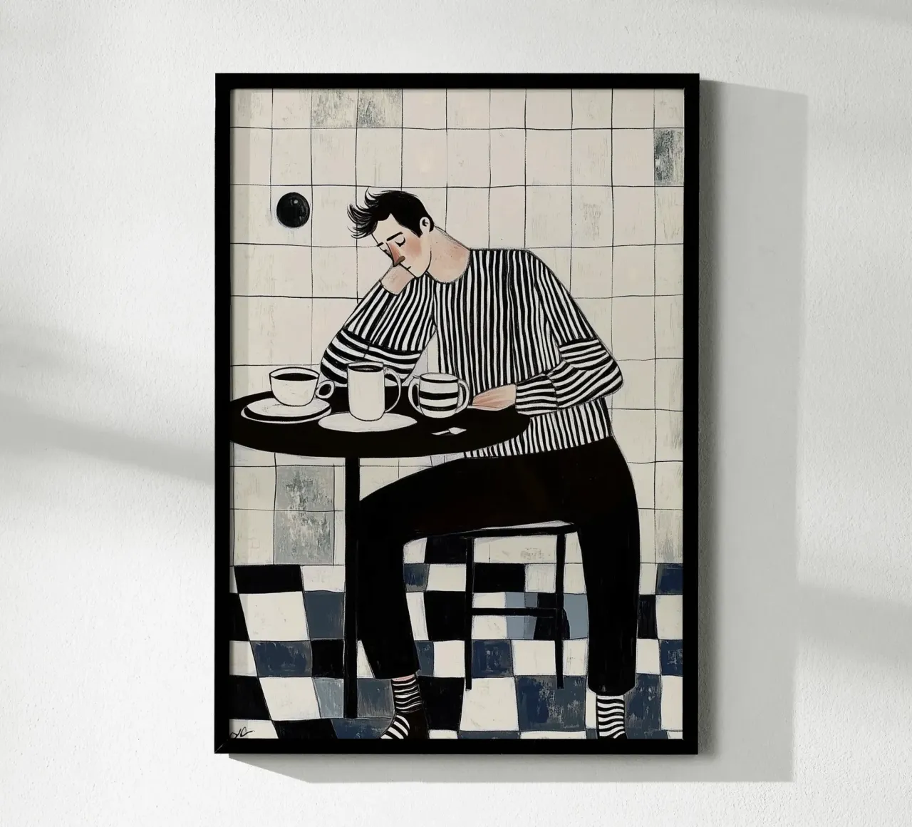 Monochrome stemming: man in gestreept overhemd, koffiebar hahnemühle van dawnthesea