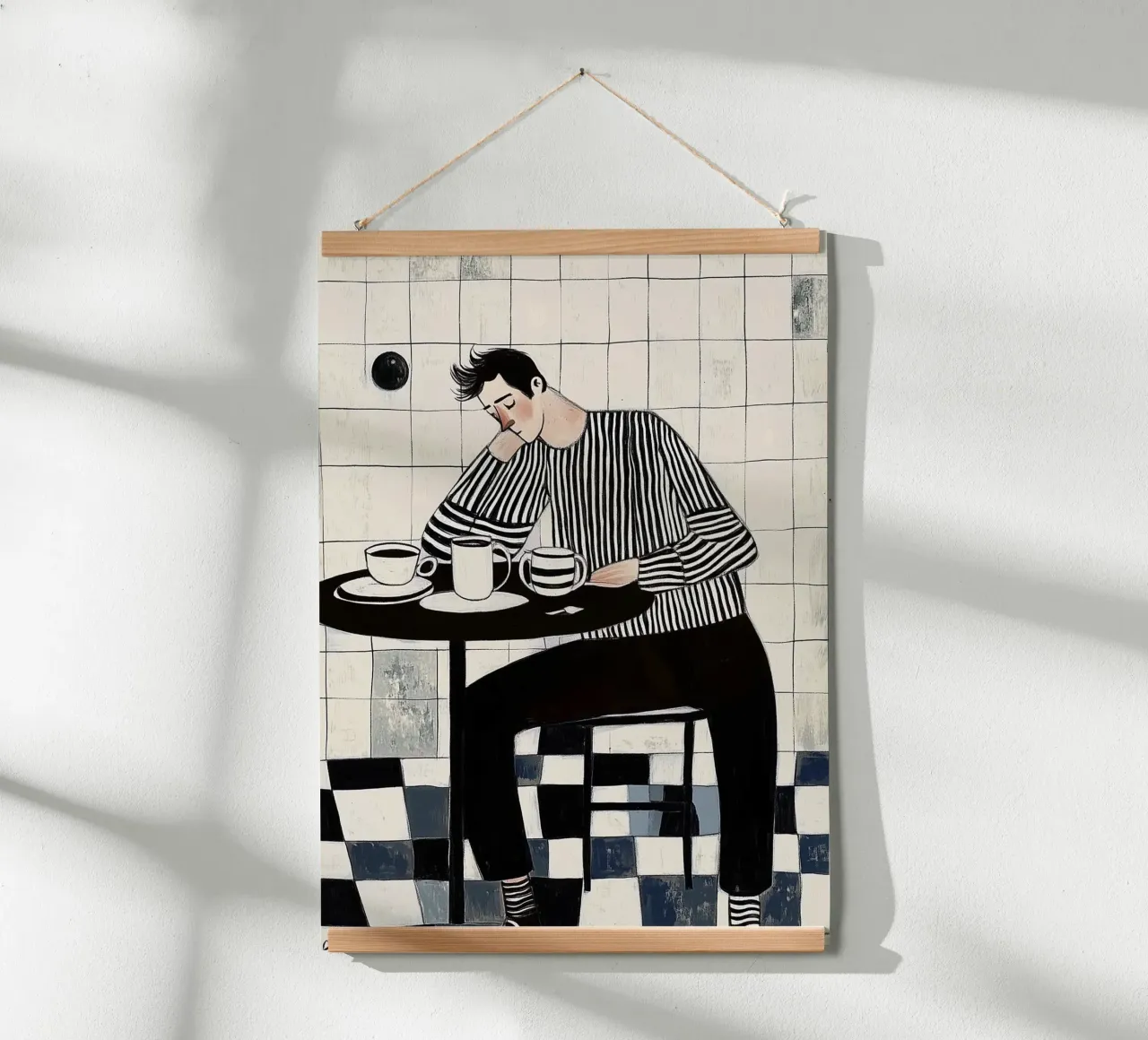 Monochrome stemming: man in gestreept overhemd, koffiebar hahnemühle van dawnthesea