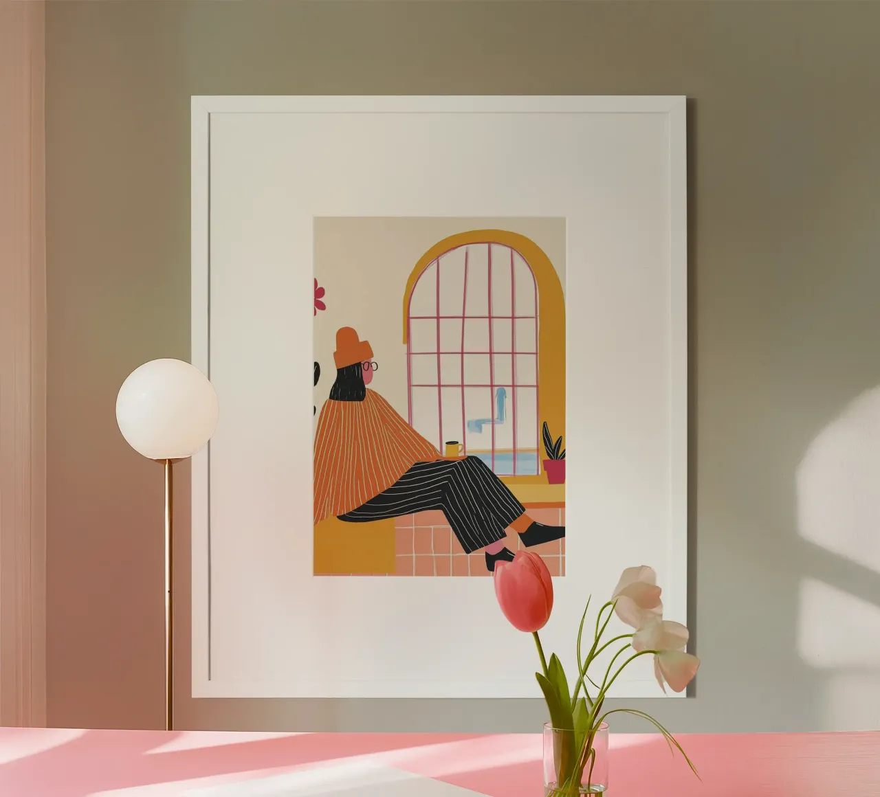 Grafica della dopamina: Donna, strisce arancioni e finestra ad arco carta hahnemühle da dawnthesea