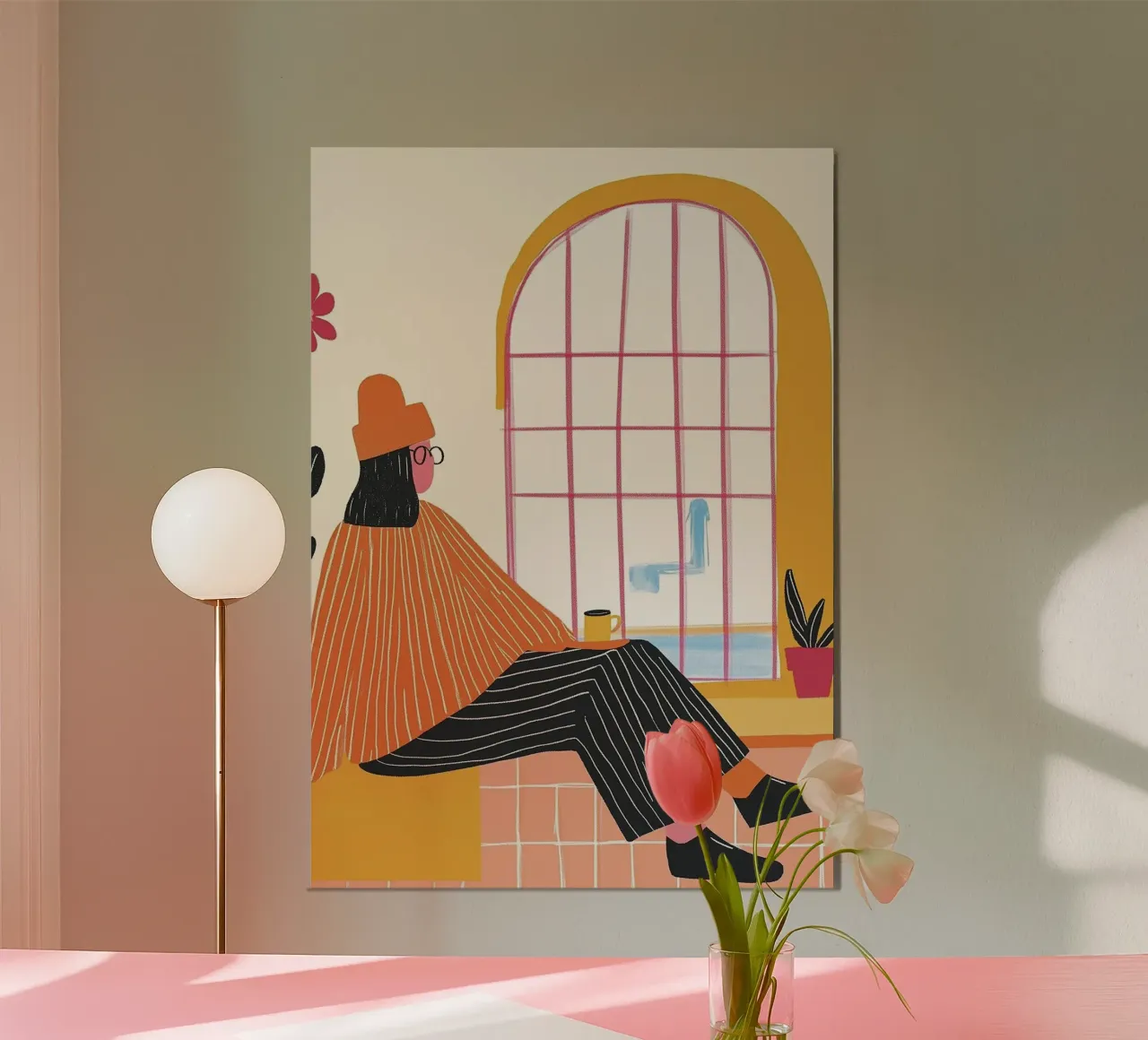 Dopamin-Grafik: Frau, orangefarbene Streifen & gewölbte Fensteransicht Hahnemühle von dawnthesea